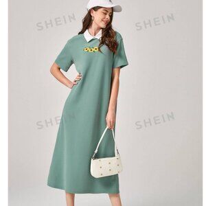 SHEIN Green Floral Embroidery Collar Tee Dress